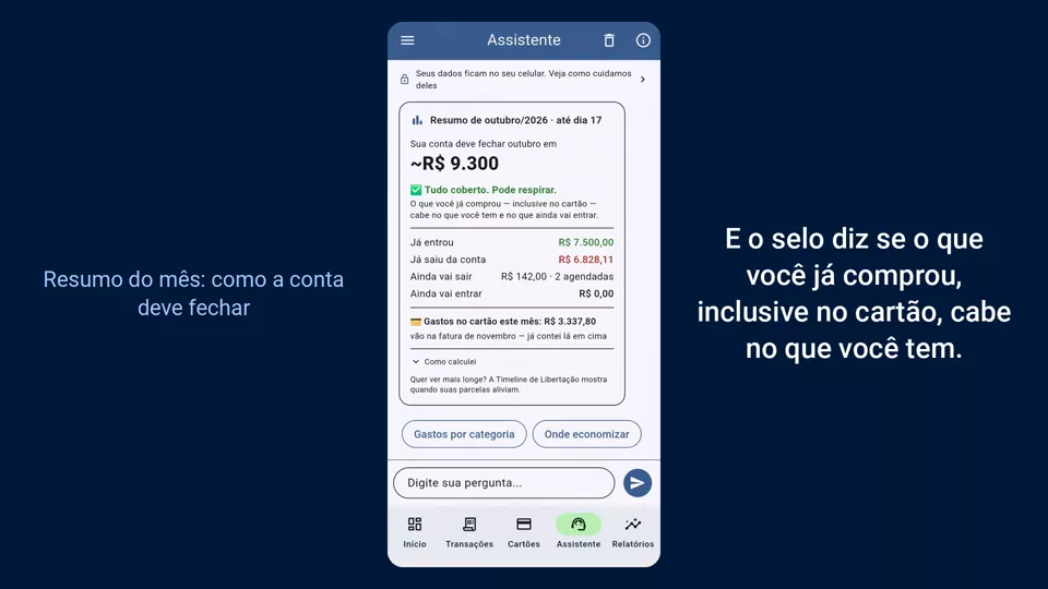 Quadro do vídeo O Assistente: o Resumo do mês, com o saldo previsto para o fim do mês, o selo Tudo coberto e o que já entrou e já saiu da conta.